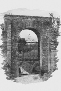 A sketch of a garden gate leading into a further part of the garden.